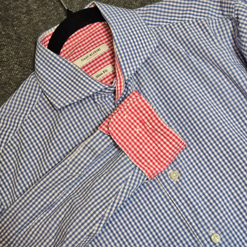 Isaac Mizrahi Shirt Mens 15.5 ‎ 34/35 Slim Fit Gingham Flip Cuff Button Up Blue